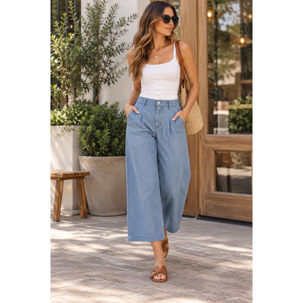 BCBGeneration Pants Womens Large Blue High Rise Wide Leg Trouser Chambray